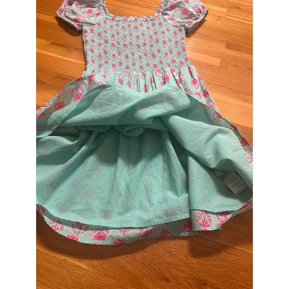 Crewcuts Girls Aqua Pink Floral Smocked Puff Sleeve Dress Size 14 CG285